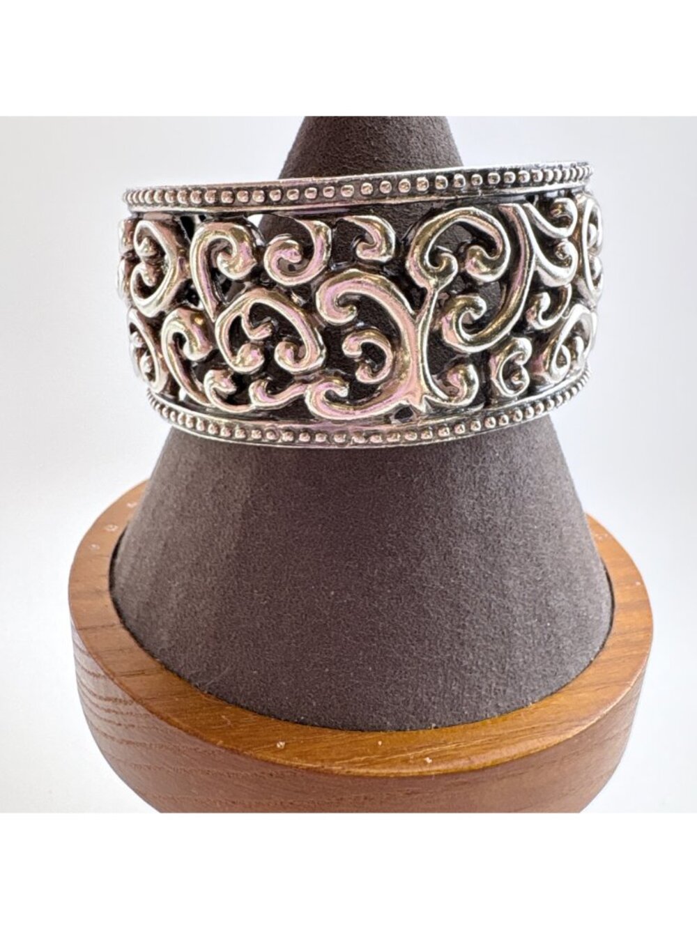 Openwork Scroll Design Sterling Silver 925 Beaded Border Cuff Bracelet 7.5" Fit - Picture 3 of 10